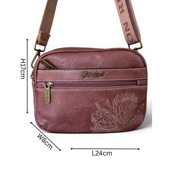 Cotton Road Sling Bag: Dusty Pink Protea PU Leather Crossbody Bag with Branded Strap SIZE