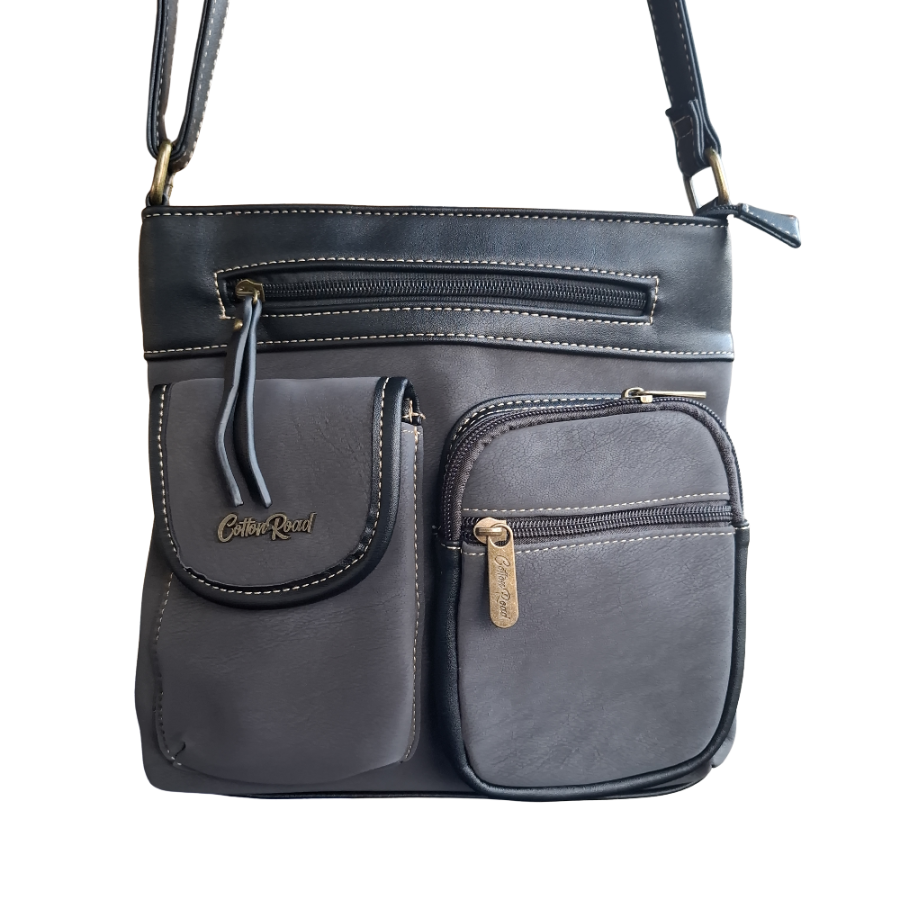 Cotton Road Sling Bag: GREY BLACK Multi-pocket Crossbody with Adjustable Strap FRONT