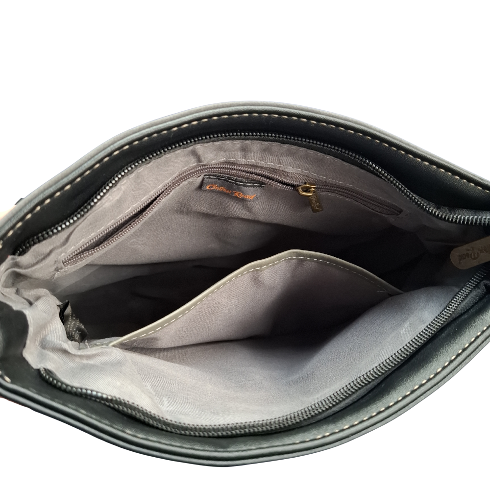 Cotton Road Sling Bag: GREY BLACK Multi-pocket Crossbody with Adjustable Strap INNER POCKETS VIEW