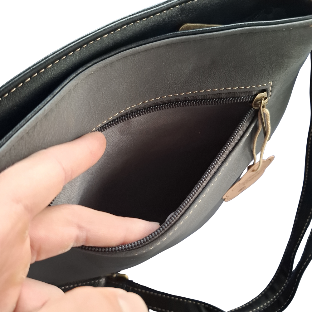 Cotton Road Sling Bag: GREY BLACK Multi-pocket Crossbody with Adjustable Strap OUTER POCKET VIEW