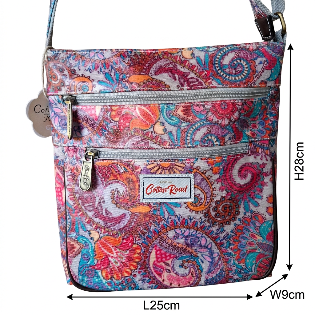 Cotton Road Sling Bag: GREY Colourful Paisley Floral PVC Sling Bag SIZE