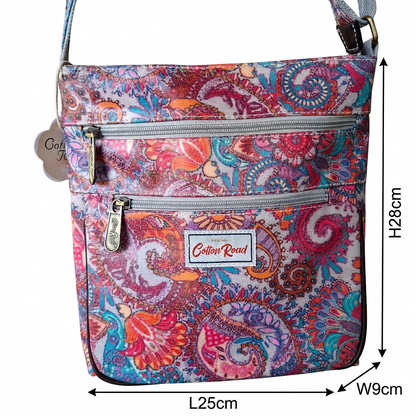 Cotton Road Sling Bag: GREY Colourful Paisley Floral PVC Sling Bag SIZE