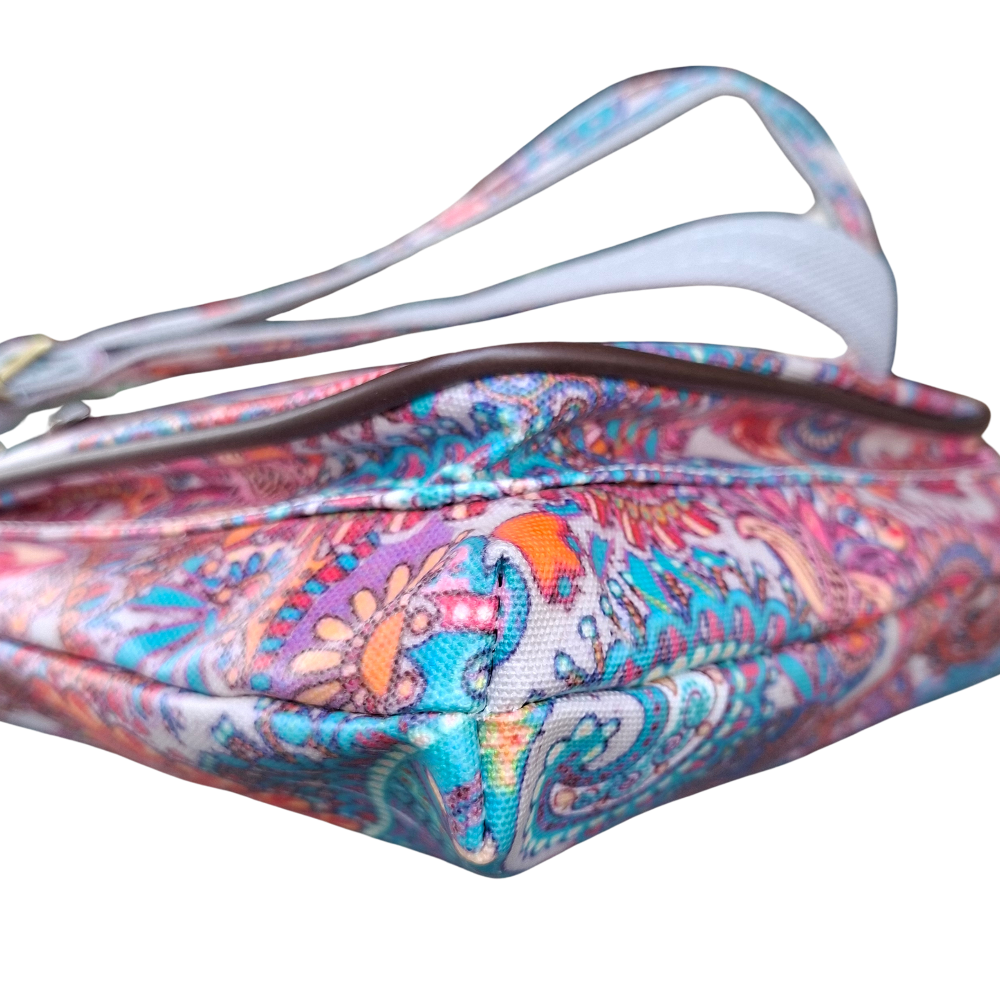 Cotton Road Sling Bag: GREY Colourful Paisley Floral PVC Sling Bag STRAP BOTTOM CORNER