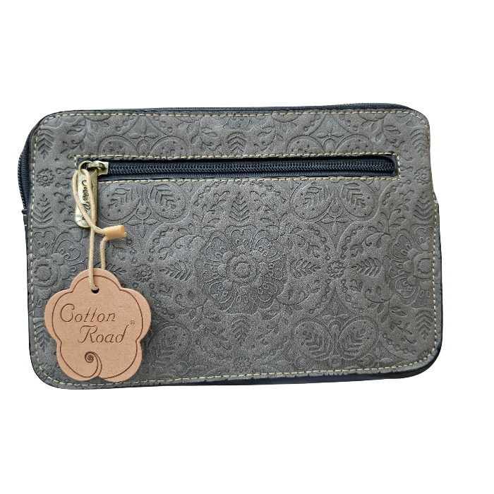 Cotton Road Sling Bag: GREY PU Leather Crossbody with Embossed Flowers and BRANDED STRAP FRONT DETAILING