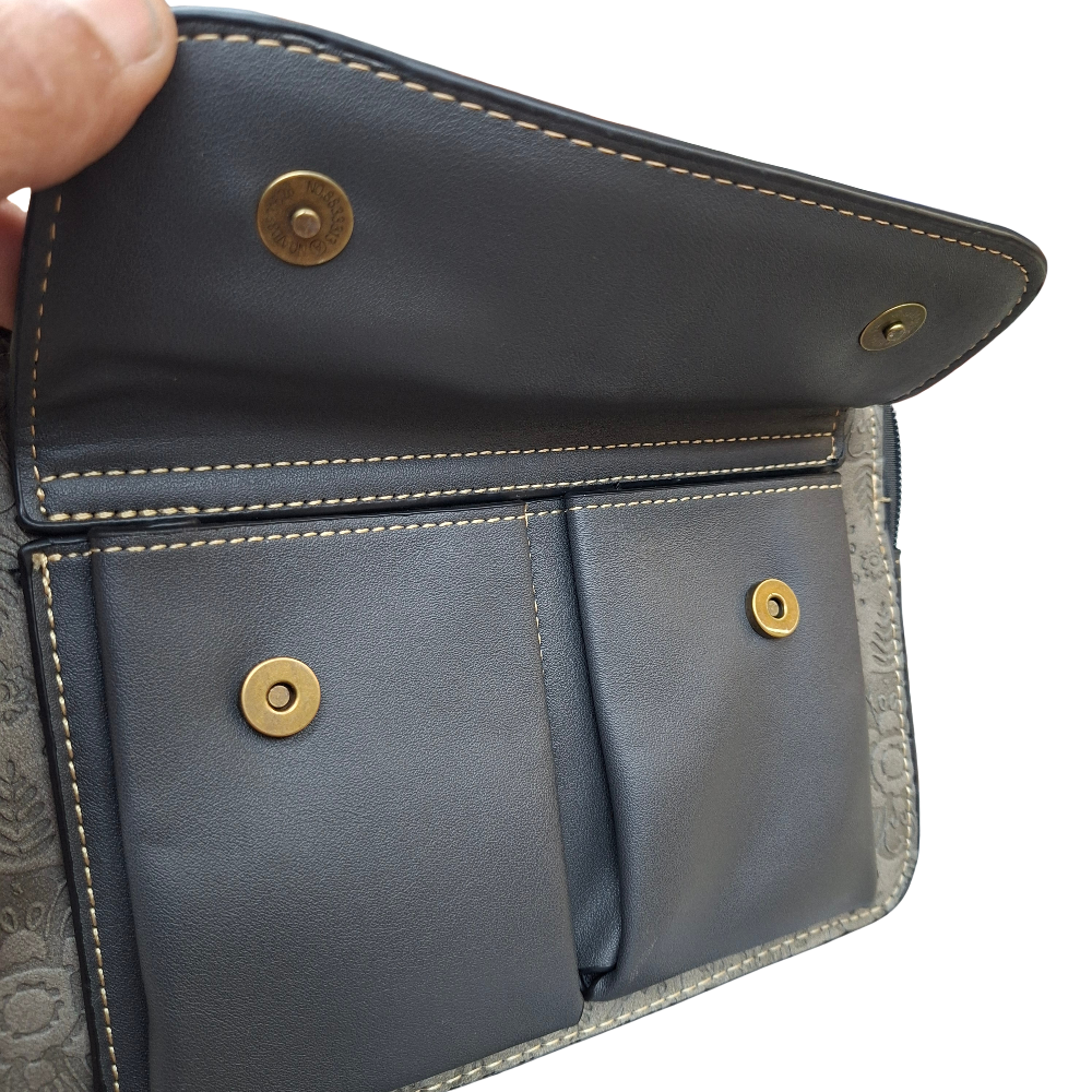Cotton Road Sling Bag: GREY PU Leather Crossbody with Embossed Flowers and BRANDED STRAP FRONT MAGNETIC CLIPS