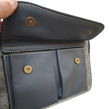Cotton Road Sling Bag: GREY PU Leather Crossbody with Embossed Flowers and BRANDED STRAP FRONT MAGNETIC CLIPS