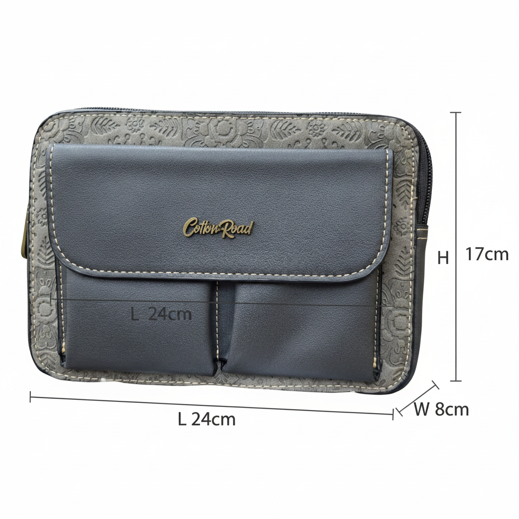 Cotton Road Sling Bag: GREY PU Leather Crossbody with Embossed Flowers and BRANDED STRAP