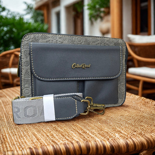 Cotton Road Sling Bag: GREY PU Leather Crossbody with Embossed Flowers and BRANDED STRAP HERO