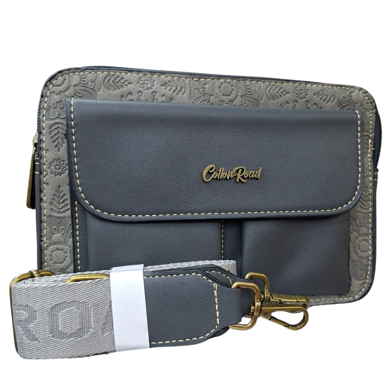Cotton Road Sling Bag: GREY PU Leather Crossbody with Embossed Flowers and BRANDED STRAP SET
