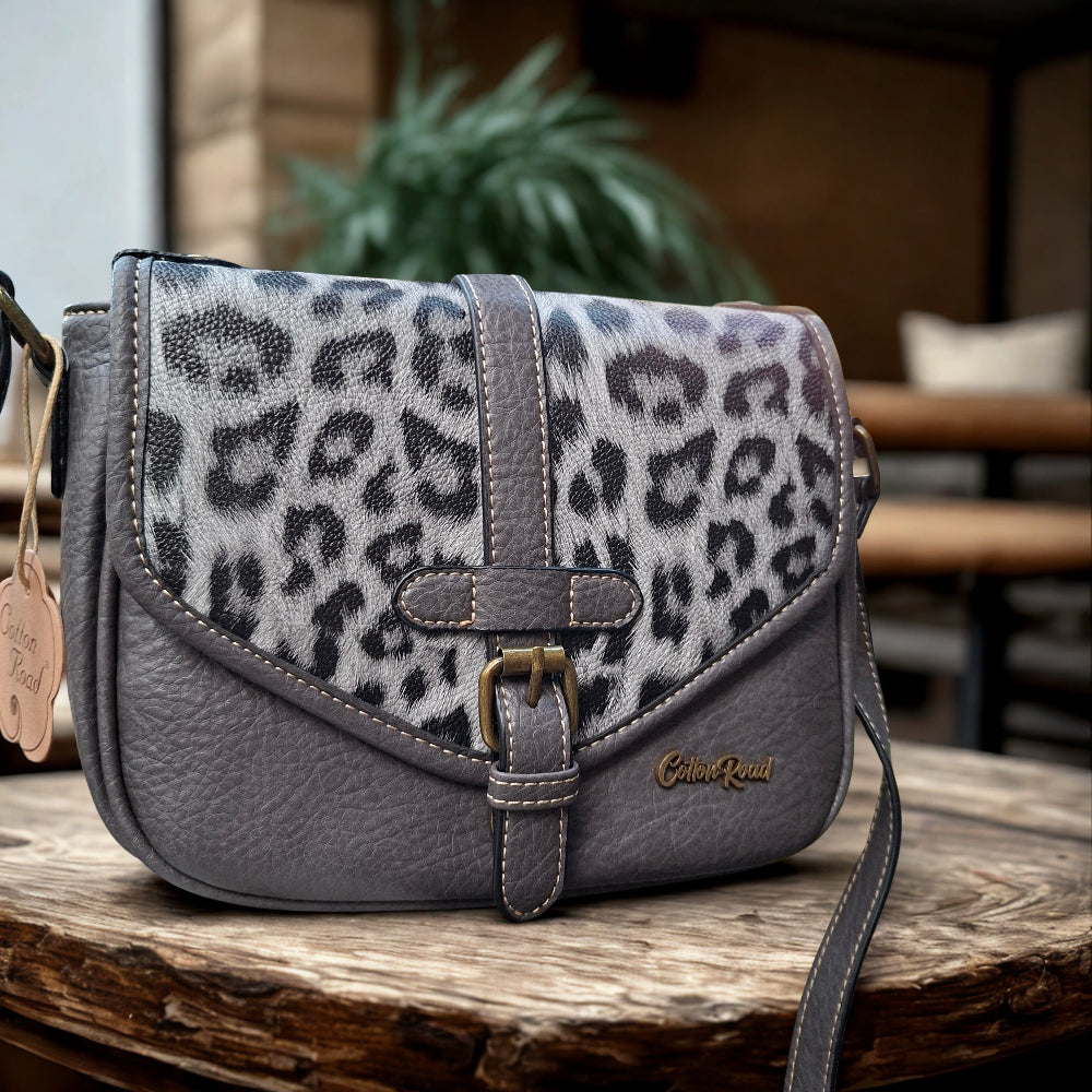 Cotton Road Sling Bag: GREY PU Leather Crossbody with Leopard Print and Buckle Strap