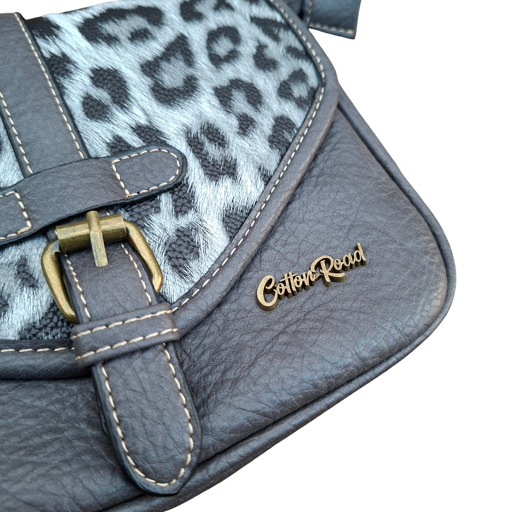 Cotton Road Sling Bag: GREY PU Leather Crossbody with Leopard Print and Buckle Strap DETAIL