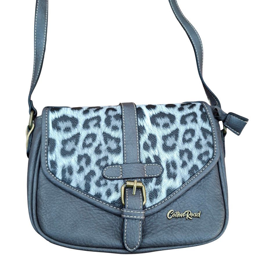 Cotton Road Sling Bag: GREY PU Leather Crossbody with Leopard Print and Buckle Strap FRONT
