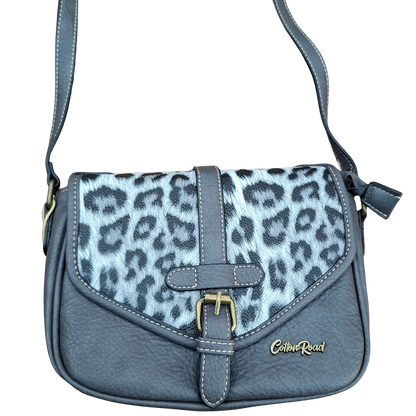 Cotton Road Sling Bag: GREY PU Leather Crossbody with Leopard Print and Buckle Strap FRONT