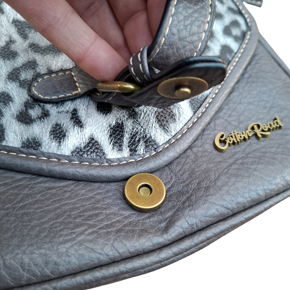 Cotton Road Sling Bag: GREY PU Leather Crossbody with Leopard Print and Buckle Strap MAGNETIC CLIP