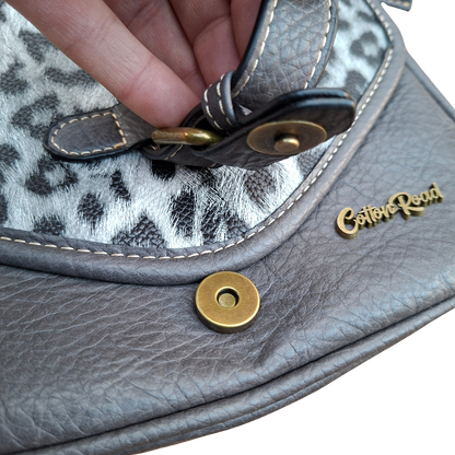 Cotton Road Sling Bag: GREY PU Leather Crossbody with Leopard Print and Buckle Strap MAGNETIC CLIP