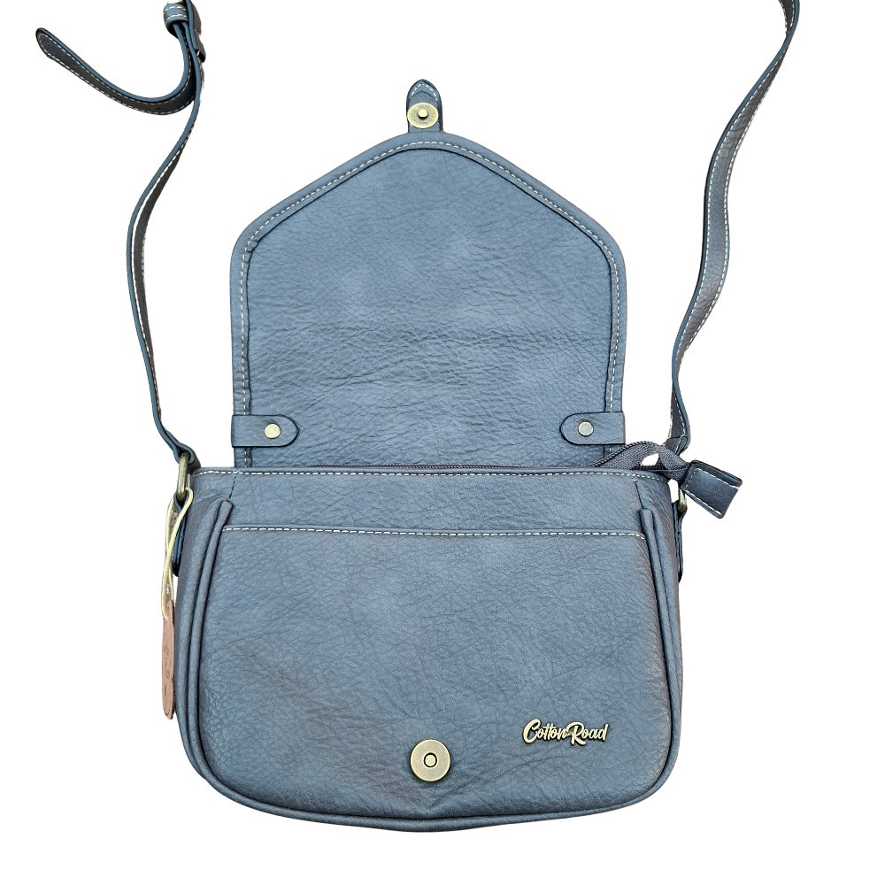 Cotton Road Sling Bag: GREY PU Leather Crossbody with Leopard Print and Buckle Strap MAGNETIC OPEN
