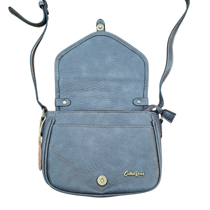 Cotton Road Sling Bag: GREY PU Leather Crossbody with Leopard Print and Buckle Strap MAGNETIC OPEN