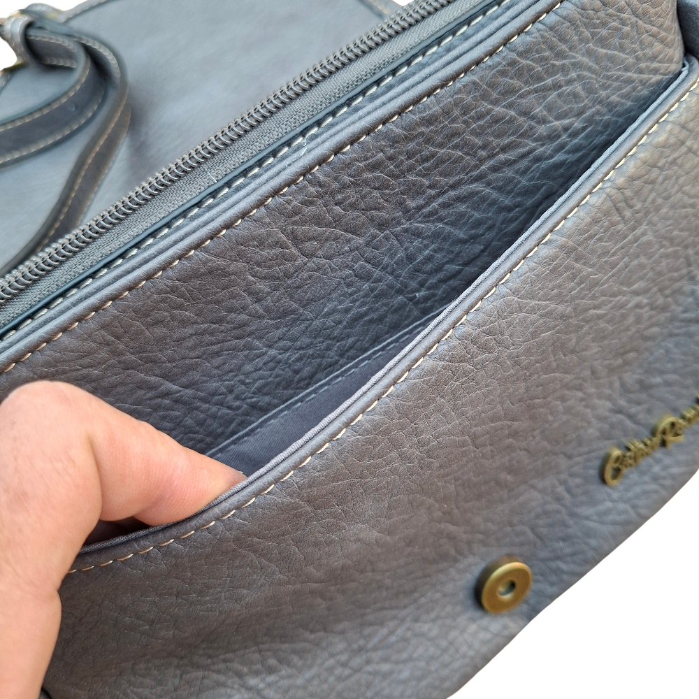 Cotton Road Sling Bag: GREY PU Leather Crossbody with Leopard Print and Buckle Strap POCKET FRONT