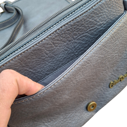 Cotton Road Sling Bag: GREY PU Leather Crossbody with Leopard Print and Buckle Strap POCKET FRONT