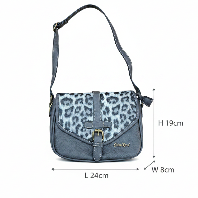 Cotton Road Sling Bag: GREY PU Leather Crossbody with Leopard Print and Buckle Strap SIZE