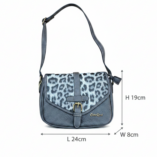 Cotton Road Sling Bag: GREY PU Leather Crossbody with Leopard Print and Buckle Strap SIZE