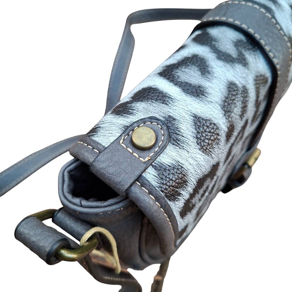 Cotton Road Sling Bag: GREY PU Leather Crossbody with Leopard Print and Buckle Strap TOP