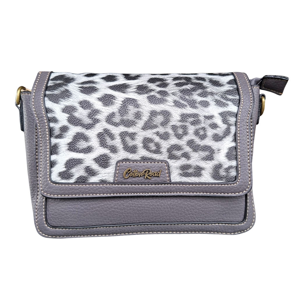 Cotton Road Sling Bag: GREY PU Leather Flap Crossbody with LEOPARD PRINT Panel & Branded Strap zoom