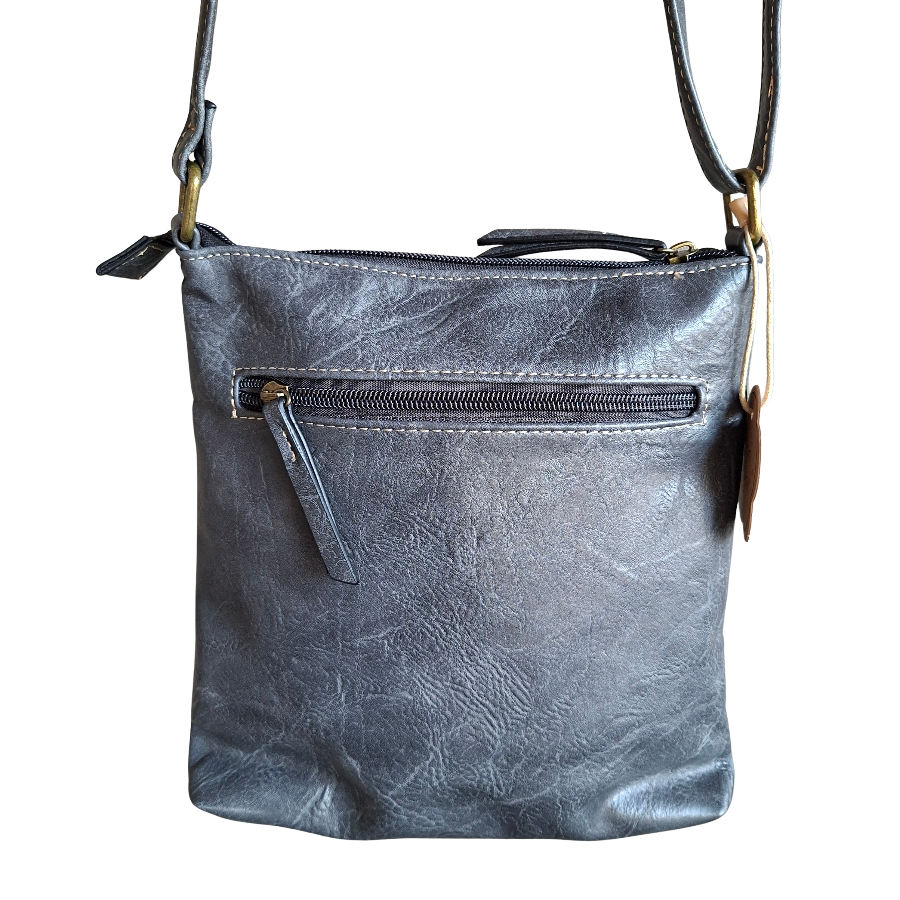 Cotton Road Sling Bag: GREY PU Leather with Metal Zips BACK VIEW