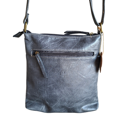 Cotton Road Sling Bag: GREY PU Leather with Metal Zips BACK VIEW