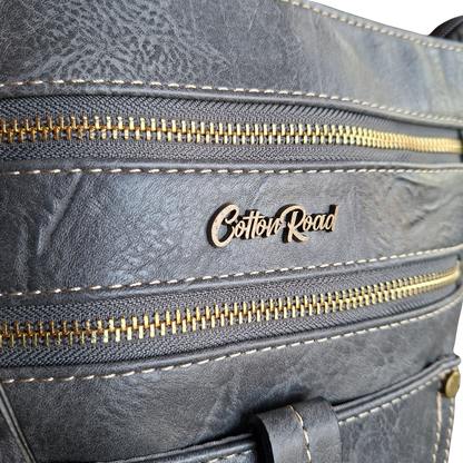 Cotton Road Sling Bag: GREY PU Leather with Metal Zips DETAILS