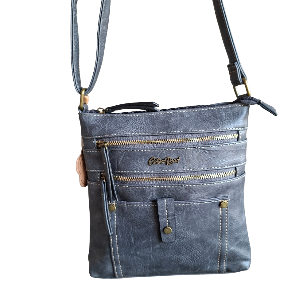 Cotton Road Sling Bag: GREY PU Leather with Metal Zips FRONT