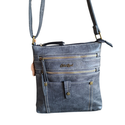 Cotton Road Sling Bag: GREY PU Leather with Metal Zips FRONT