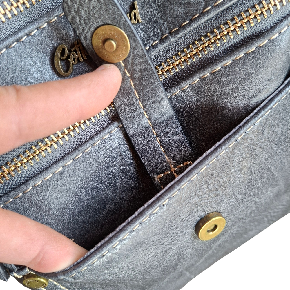 Cotton Road Sling Bag: GREY PU Leather with Metal Zips FRONT POCKET CLIP