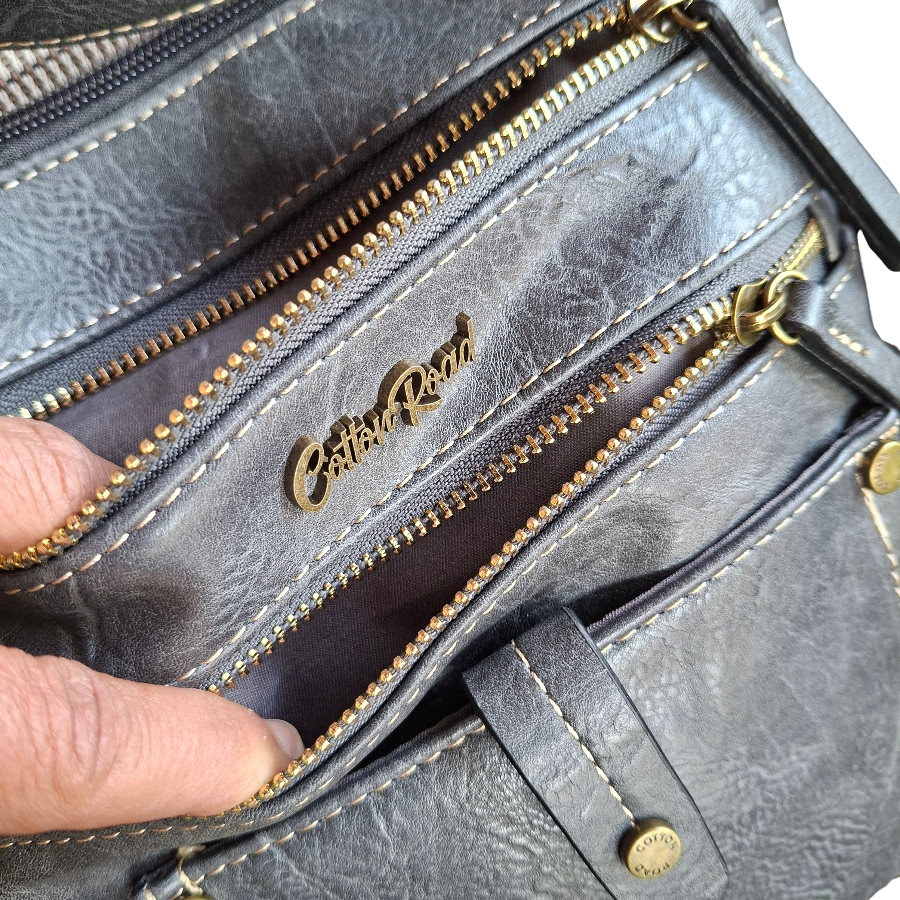 Cotton Road Sling Bag: GREY PU Leather with Metal Zips OPEN POCKETS