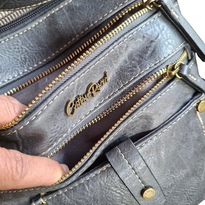 Cotton Road Sling Bag: GREY PU Leather with Metal Zips OPEN POCKETS