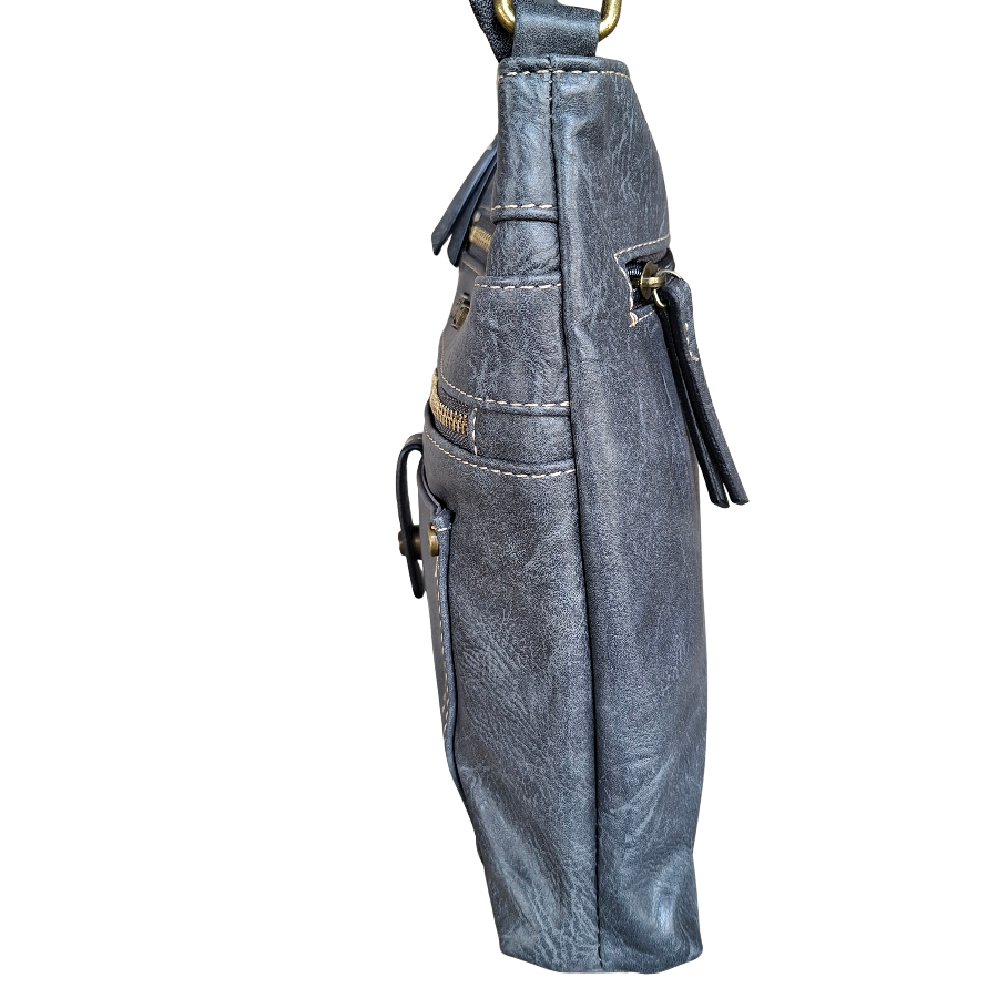 Cotton Road Sling Bag: GREY PU Leather with Metal Zips SIDE VIEW