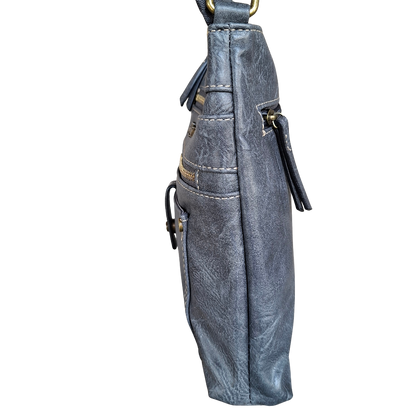 Cotton Road Sling Bag: GREY PU Leather with Metal Zips SIDE VIEW