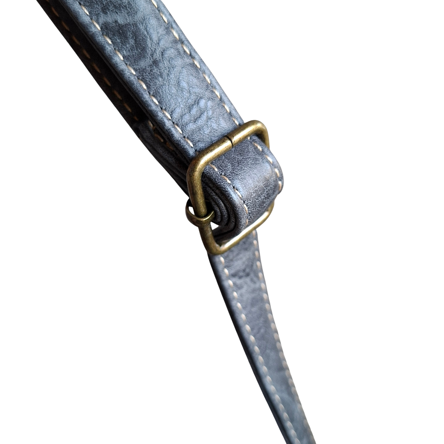 Cotton Road Sling Bag: GREY PU Leather with Metal Zips STRAP VIEW