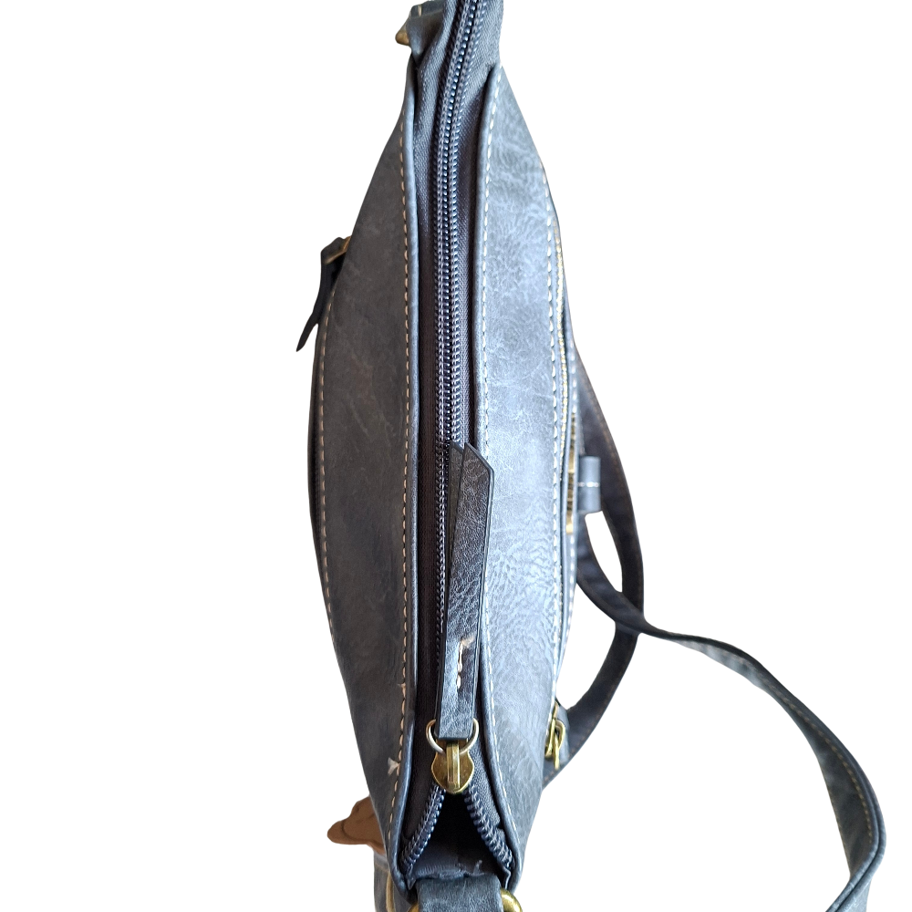 Cotton Road Sling Bag: GREY PU Leather with Metal Zips TOP