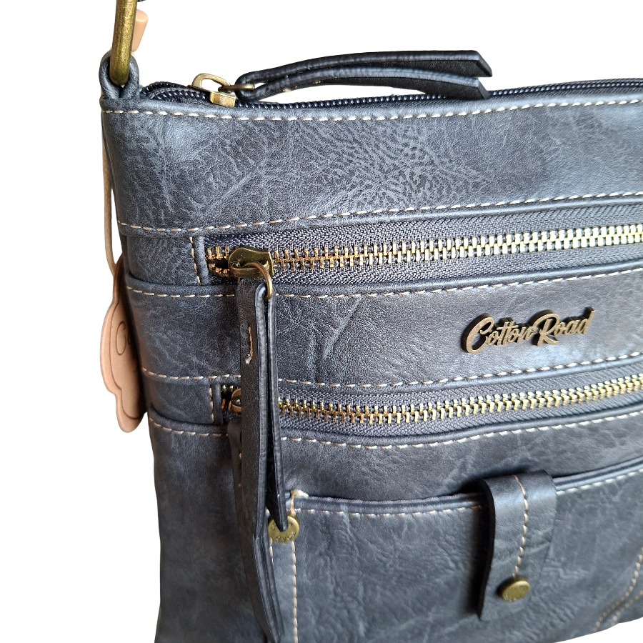 Cotton Road Sling Bag: GREY PU Leather with Metal Zips ZOOM