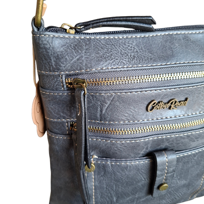 Cotton Road Sling Bag: GREY PU Leather with Metal Zips ZOOM