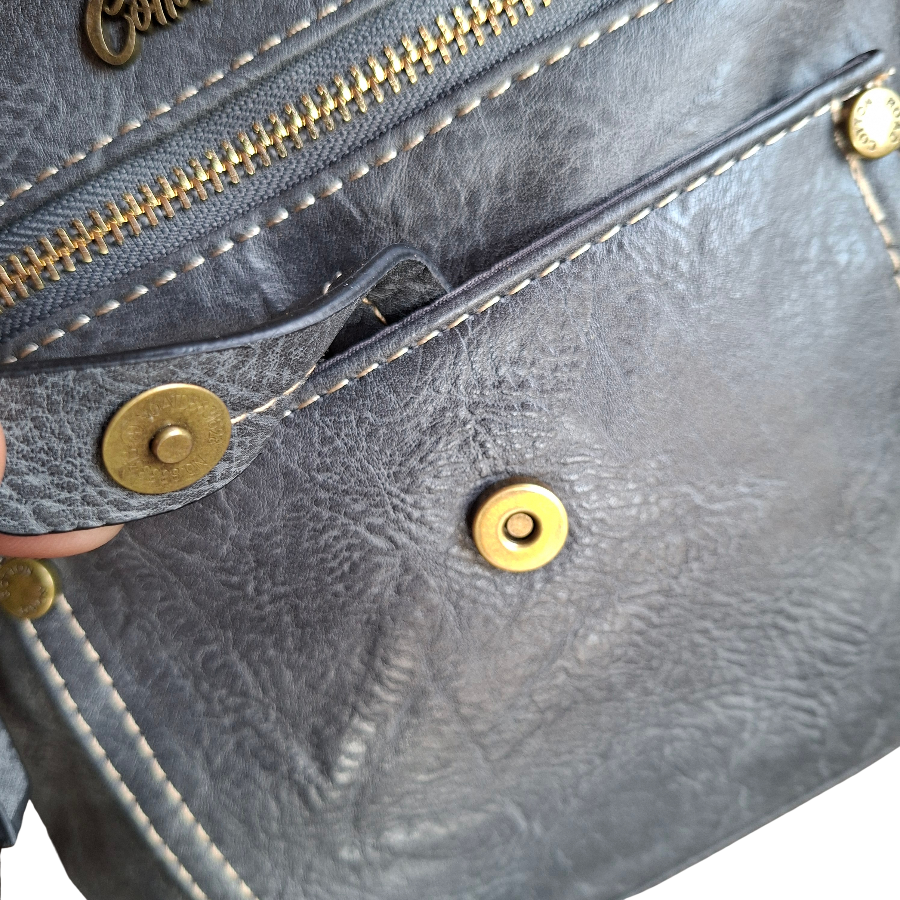 Cotton Road Sling Bag: GREY PU Leather with Metal Zips ZOOM DETAIL