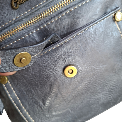 Cotton Road Sling Bag: GREY PU Leather with Metal Zips ZOOM DETAIL