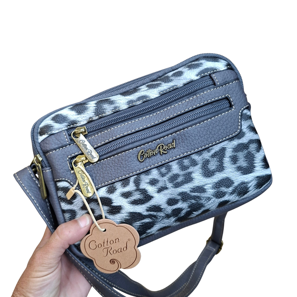 Cotton Road Sling Bag: GREY PU leather Crossbody with Leopard Print