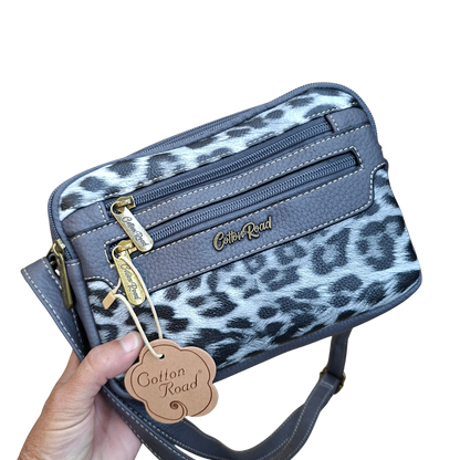 Cotton Road Sling Bag: GREY PU leather Crossbody with Leopard Print