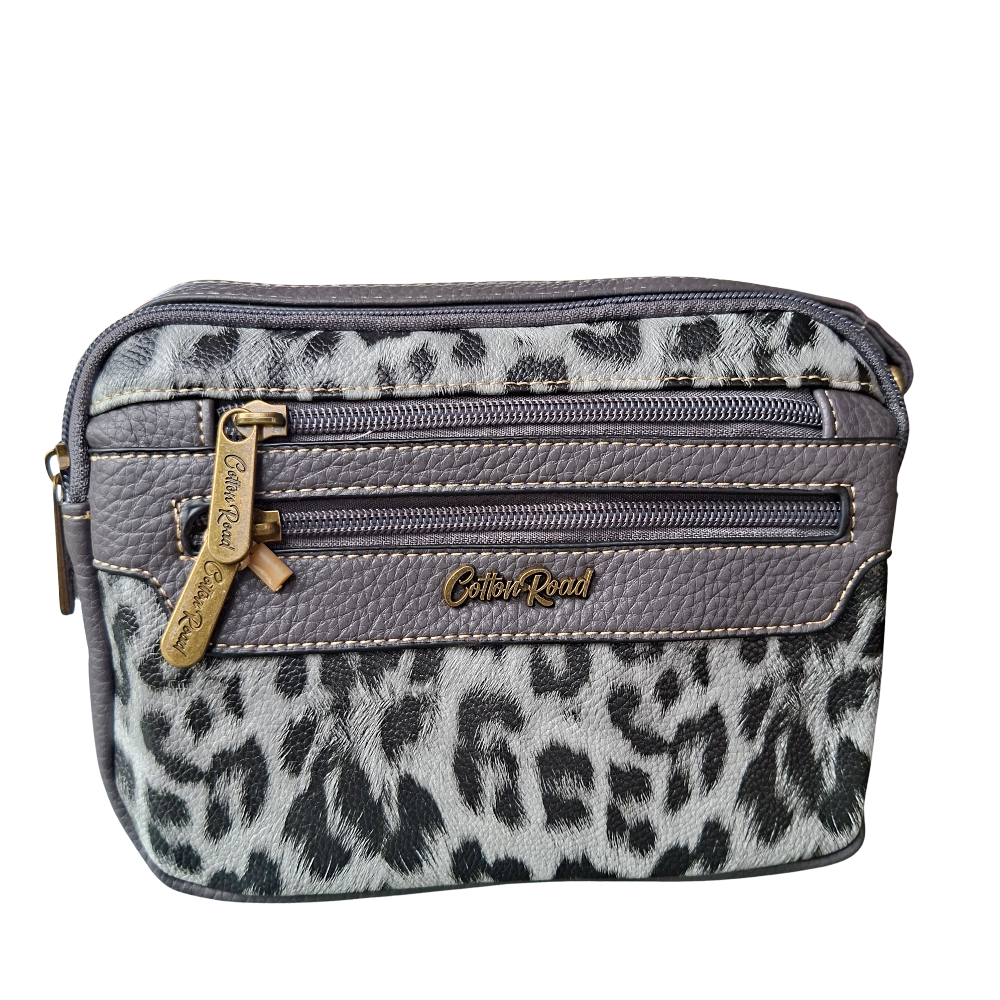 Cotton Road Sling Bag: GREY PU leather Crossbody with Leopard Print FRONT ZIPS VIEW
