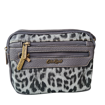 Cotton Road Sling Bag: GREY PU leather Crossbody with Leopard Print FRONT ZIPS VIEW