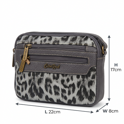 Cotton Road Sling Bag: GREY PU leather Crossbody with Leopard Print
