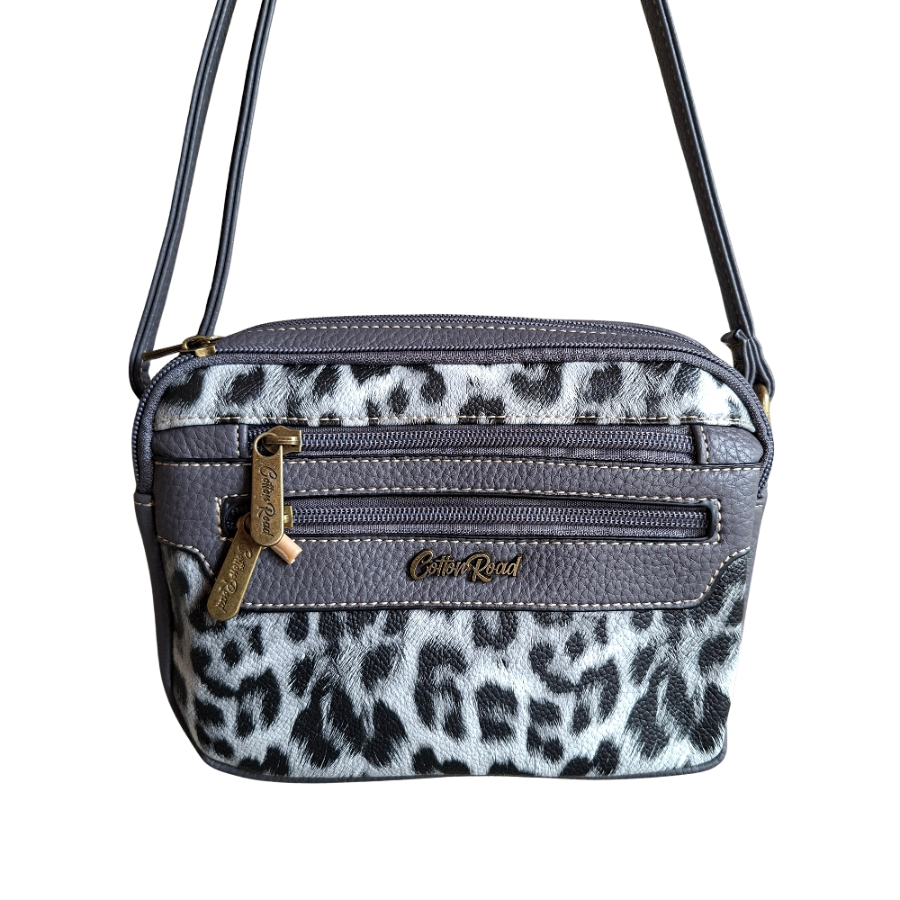 Cotton Road Sling Bag: GREY PU leather Crossbody with Leopard Print HANGING