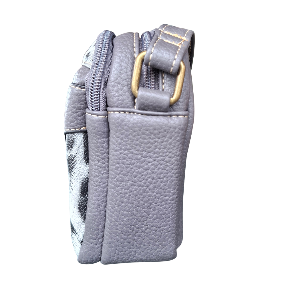 Cotton Road Sling Bag: GREY PU leather Crossbody with Leopard Print SIDE VIEW